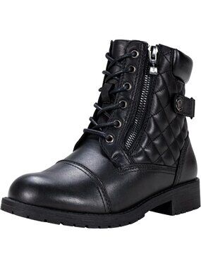Women's Black Leather Quilted Zipper Lace up Low Heel Classic Combat Ankle Boot